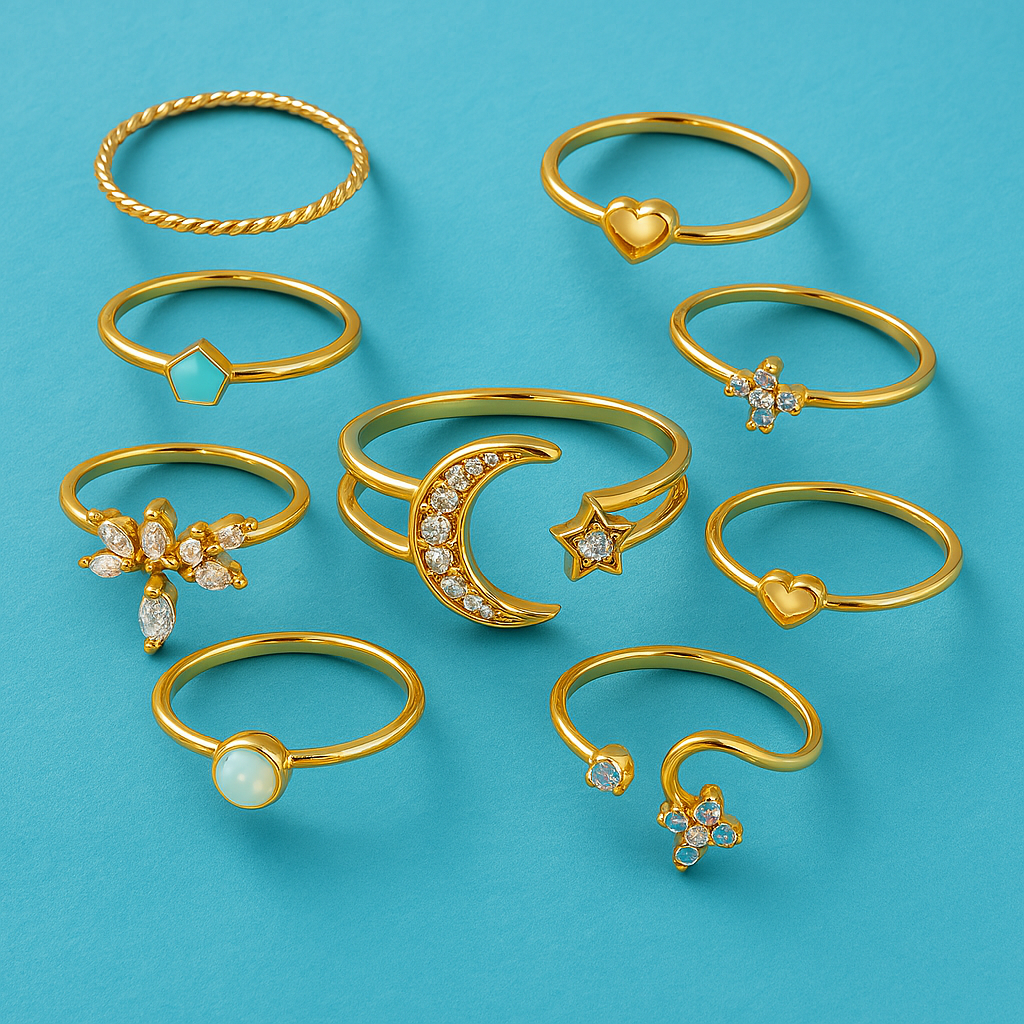 10 Pack Of Bohemian Silver And Gold Plated Rings
