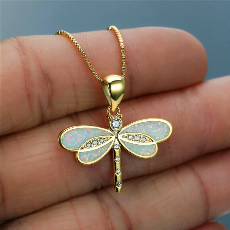 Elegant Opal Dragonfly Necklace