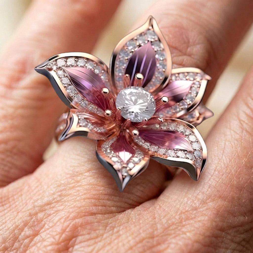 Exotic Pink Lotus Crystal Ring