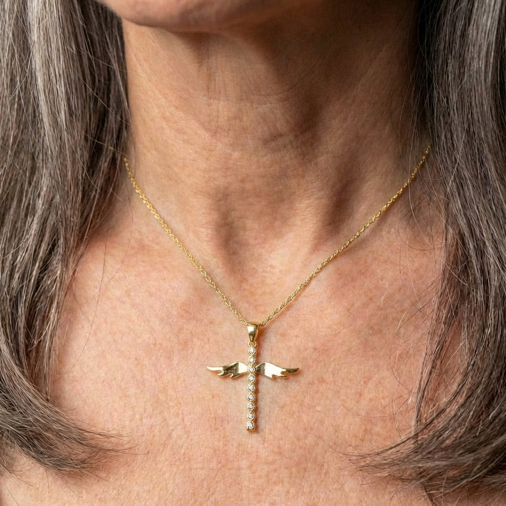 Gold Angelic Winged Cross Pendant Necklace