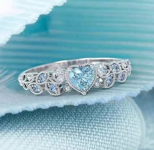 Silver Leaf Heart Blue Stone Ring
