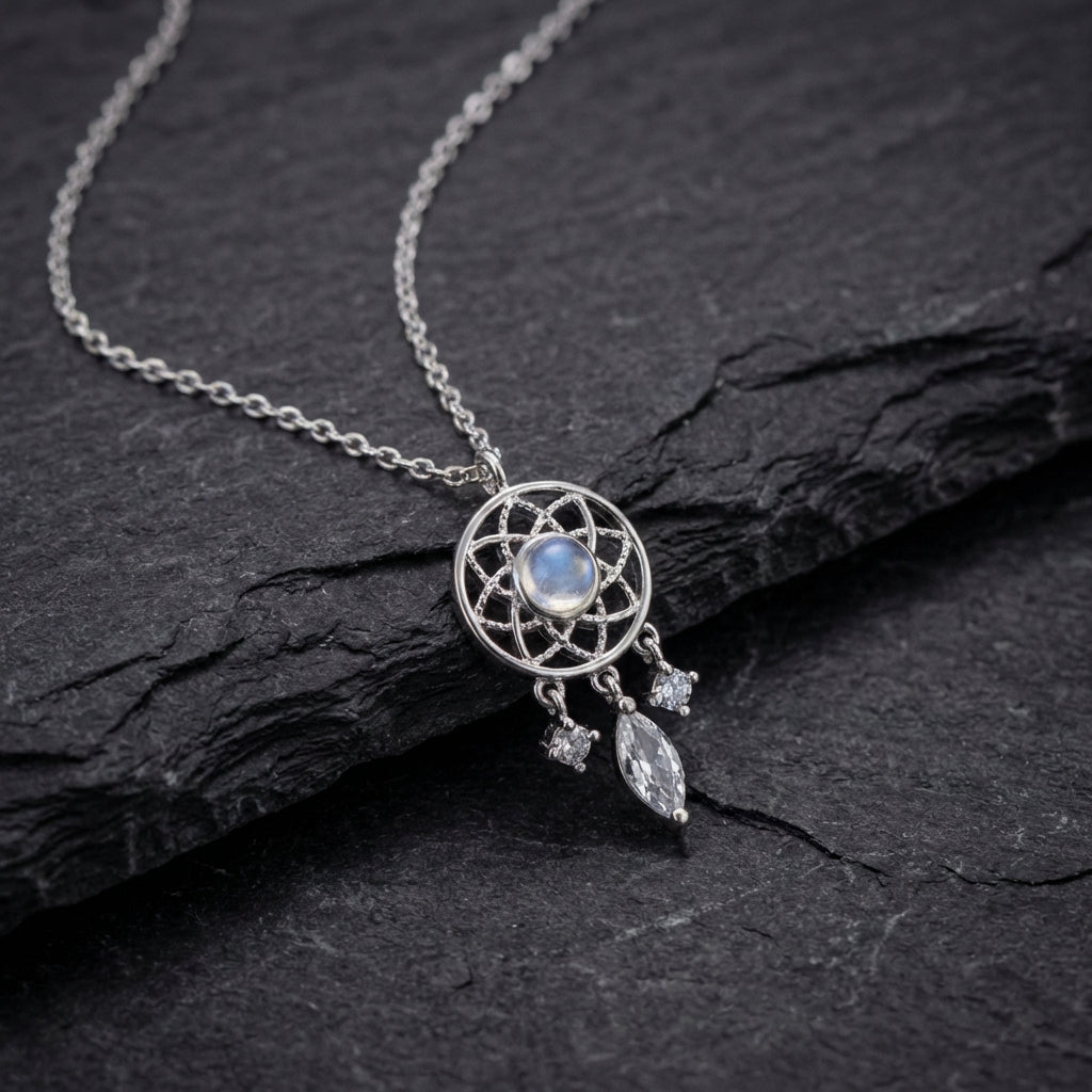 Silver Moon Crystal Dreamcatcher Necklace
