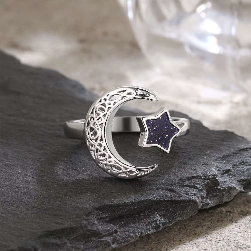 Vintage Adjustable Silver Moon And Star Ring