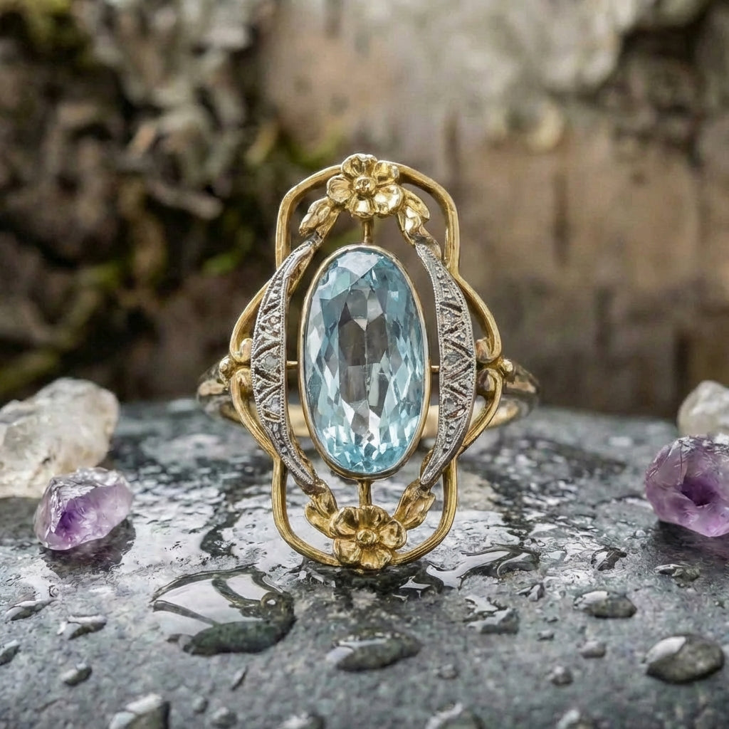 Vintage Aquamarine Flower Ring