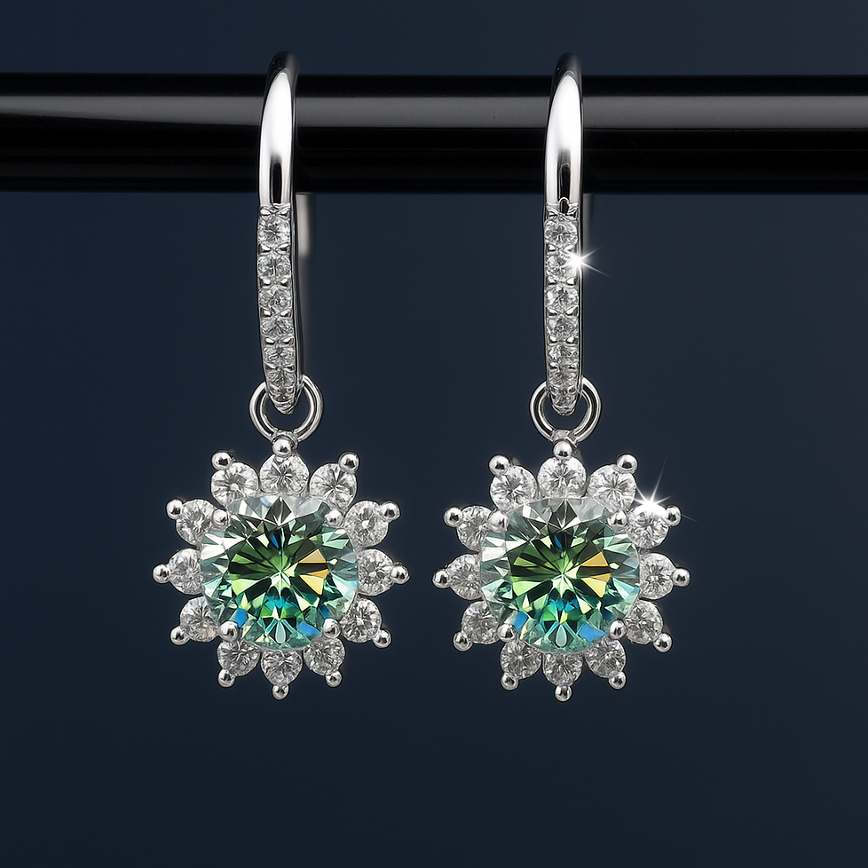 Silver 925 Snowflake Green Crystal Earrings