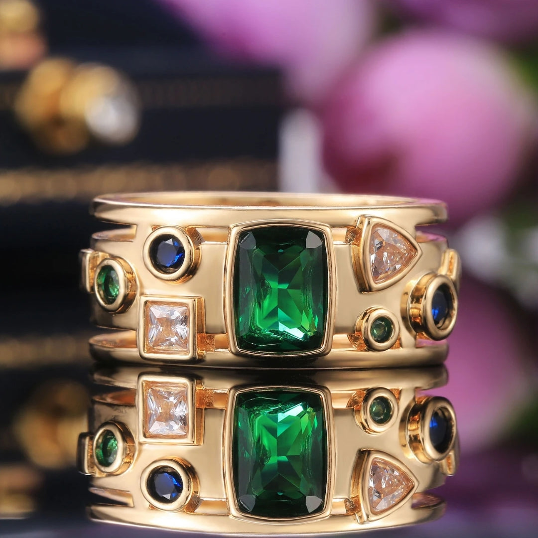 Golden Inlaid Colorful Crystals Ring