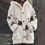 Comstylish Classy Fuzzy Cats Art Cozy Knit Hooded Cardigan