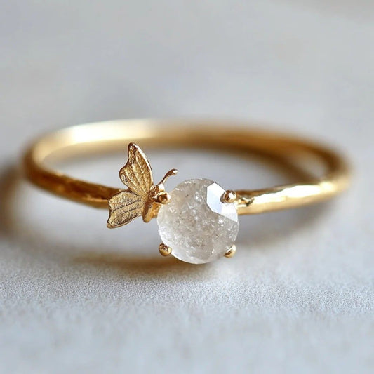 White Stone Butterfly Gold Ring
