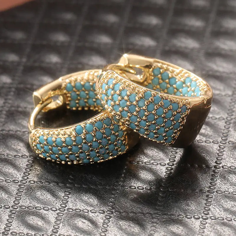 Turquoise Beaded Hoop Earrings - Gold Tone