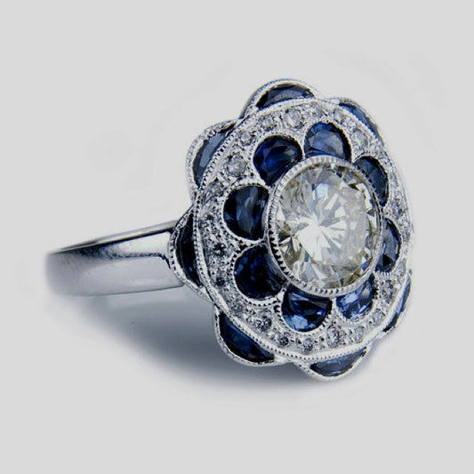 Vintage Blue Flower Crystal Ring