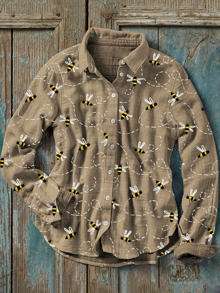 Comstylish Flying Bees Embroidery Pattern Linen Blend Blouse