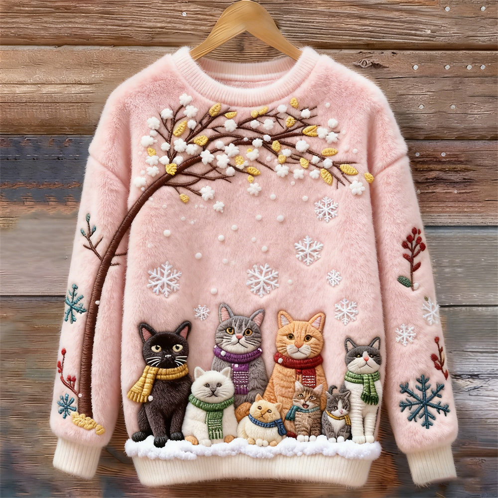 Comstylish Christmas Cats Embroidery Women's Cozy Plush Sweater