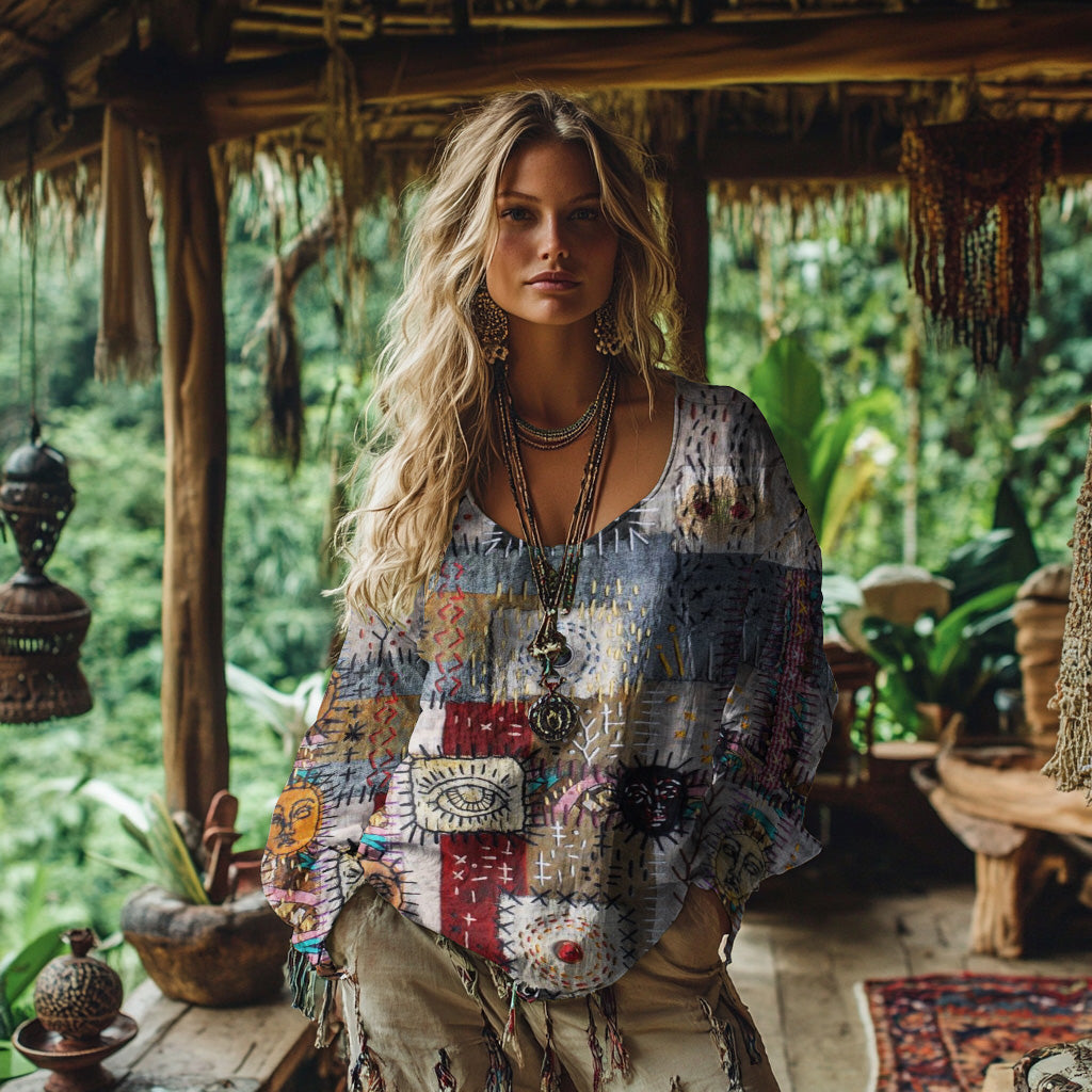Retro Bohemian Resort Patchwork Art Print Cotton And Linen Blend Loose Blouse artswardrobe