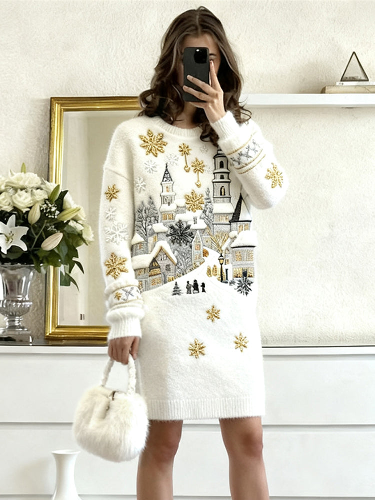 Christmas Snow Scene Embroidered Women's Knit Mini Dress artswardrobe