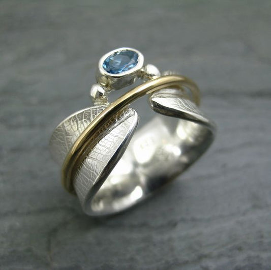 Vintage Leaf Spinner Ring With Aquamarine