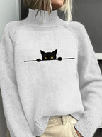 Comstylish Women's Casual Funny Black Cat Print High Neck Sweater