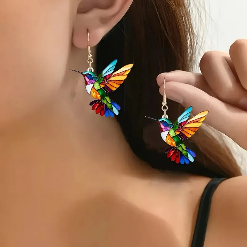 Acrylic Hummingbird Dangle Earrings ��� Bright 2D Bird Design
