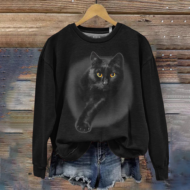 Comstylish Women's Black Cat Yellow Eyes Print Sweatshirt
