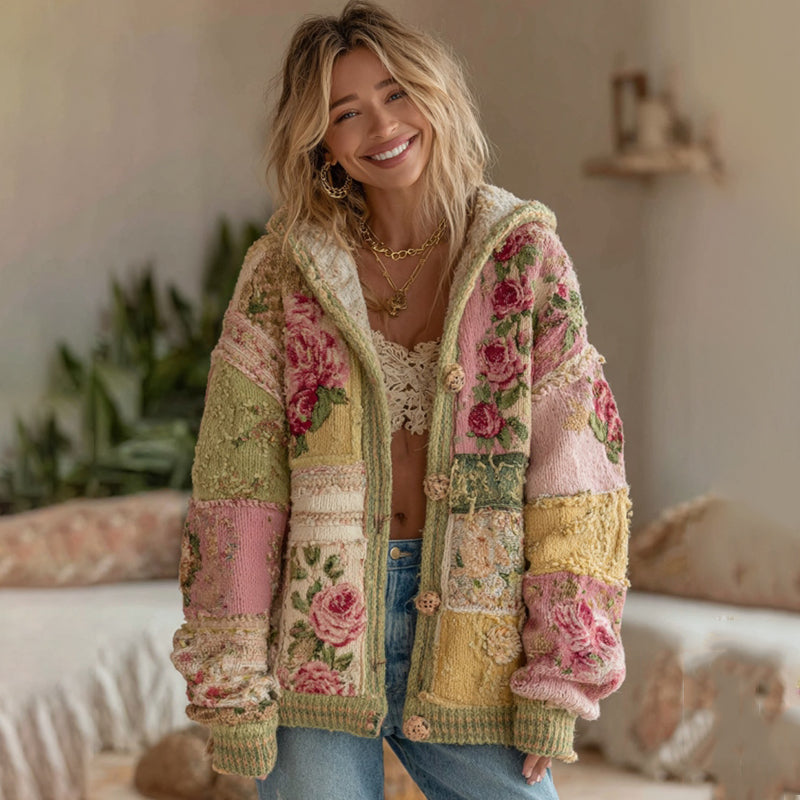Women's Vintage Patchwork Floral Art Hooded Cardigan artswardrobe