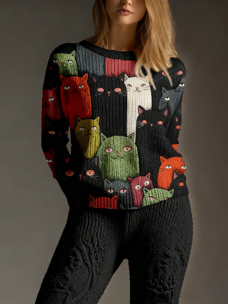 Comstylish Cute Crowded Cats Art Pattern Cozy Knit Sweater