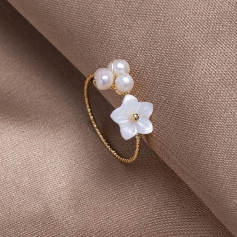 Elegant Adjustable Gold Wire Wrap Pearl & Flower Ring
