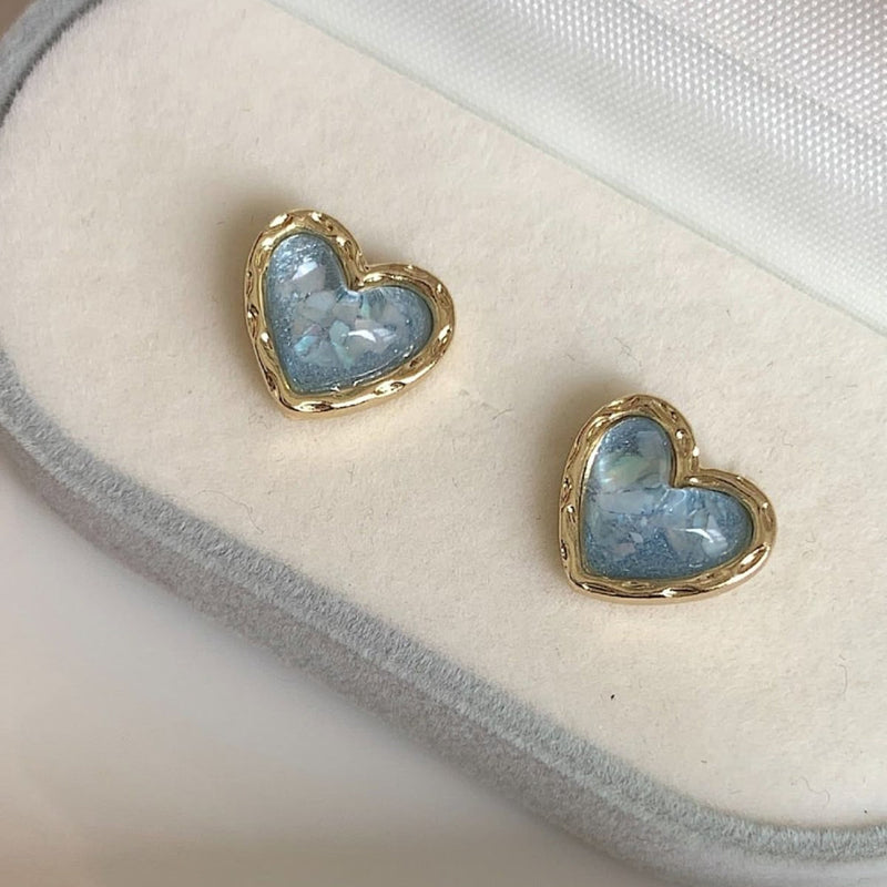 Blue Crystal Heart Stud Earrings
