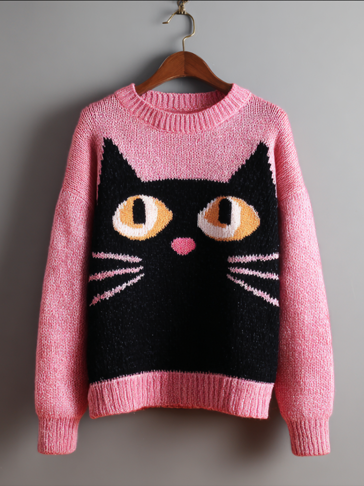Comstylish Simple Sweater With Pink And Black Cat Pattern