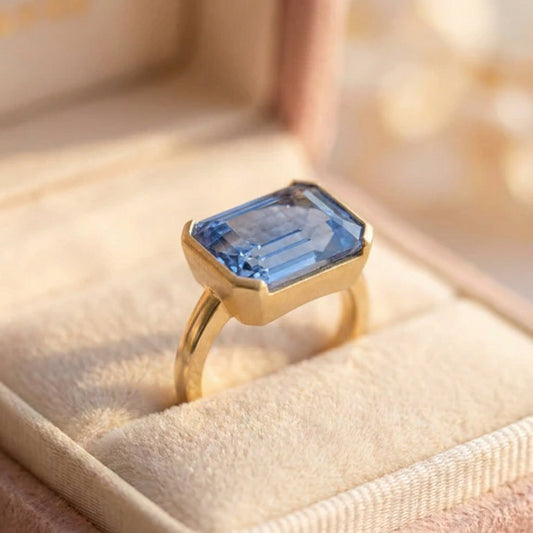 Vintage Rectangular Blue Glass Gold Ring