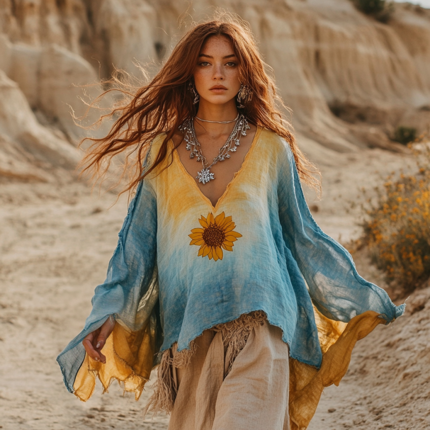 Boho Gradient Sunflower Embroidery Print Cotton And Linen Blend Loose Blouse artswardrobe