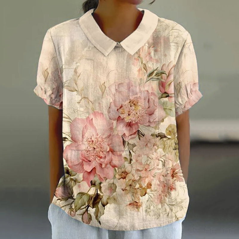 Comstylish Vintage Floral Print Lapel Short Sleeved Blouse