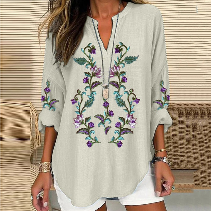 Comstylish Scottish Thistle Embroidered Linen Blend Blouses