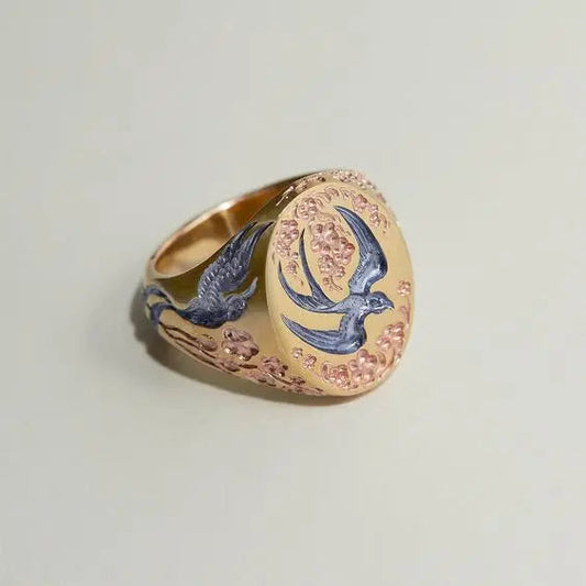 Vintage Blue Hummingbird Ring In Gold