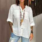 Comstylish Cotton And Linen Lace Art Linen Blend Blouse