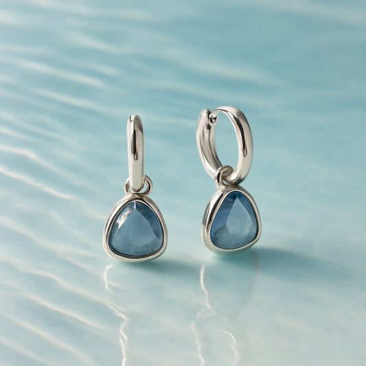 Blue Sapphire Drop Hoop Silvered Earrings