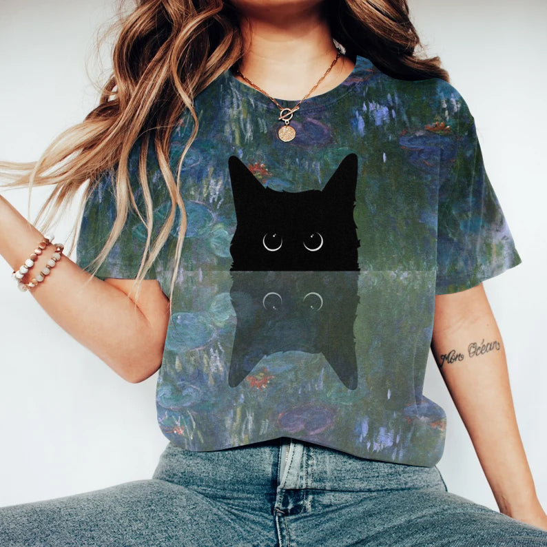 Comstylish Women's Abstract Creative Cute Black Cat Oil Painting Art Print T-shirt