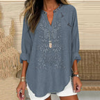 Vintage Embroidered Floral V-neck Linen Blend Blouse artswardrobe