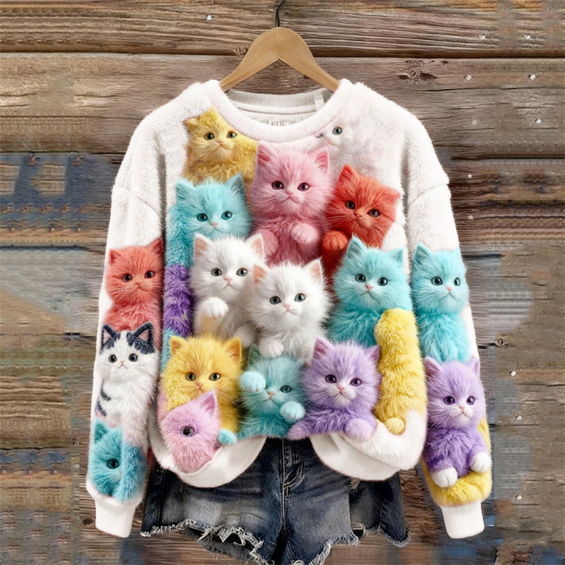 Comstylish Lovely Colorful Fuzzy Cats Cozy Plush Sweatshirt