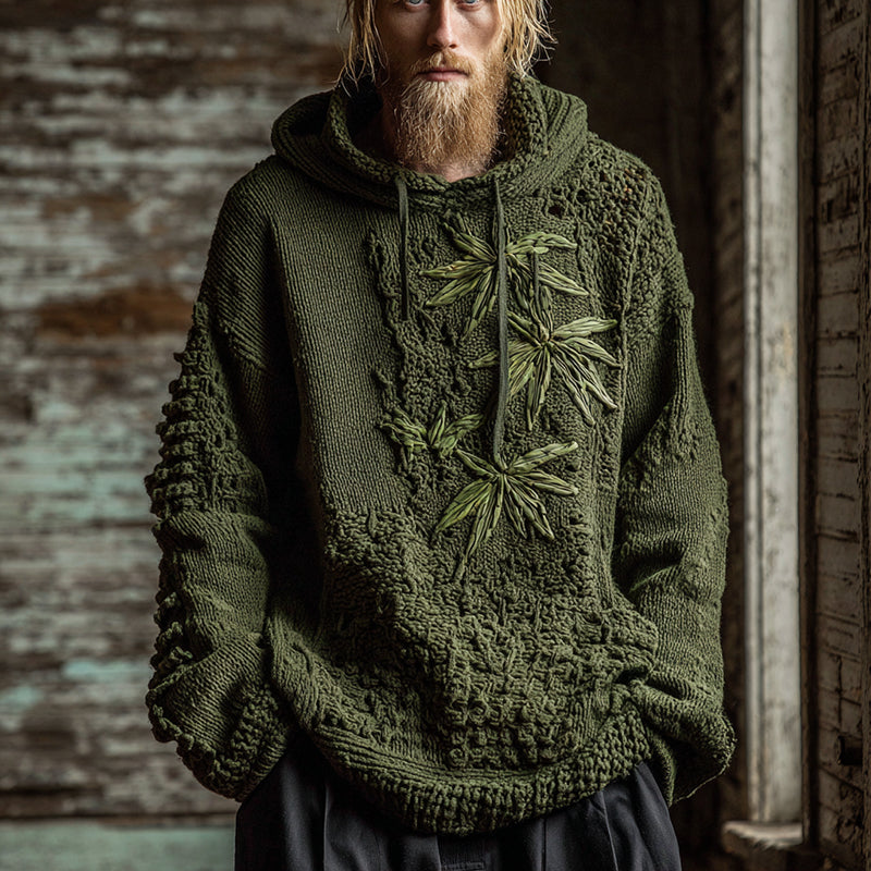 Men's Vintage Bamboo Embroidery Art Knit Hooded Sweater artswardrobe