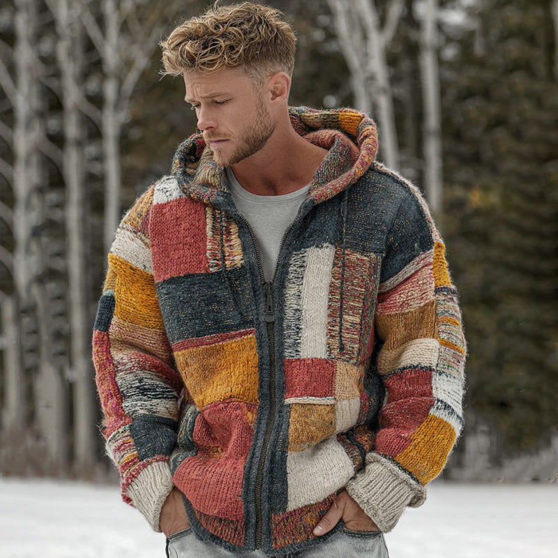 Men's Vintage Geometric Block Knit Hooded Sweater artswardrobe