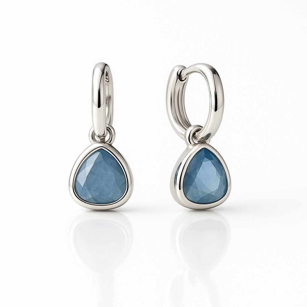 Blue Sapphire Drop Hoop Silvered Earrings