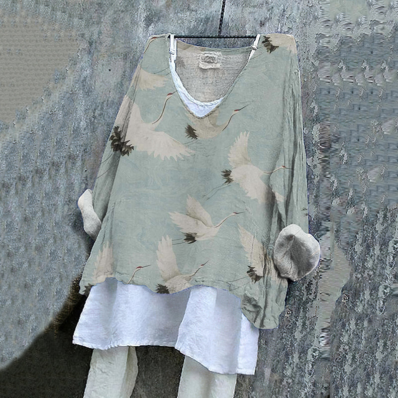 Comstylish Japanese Art Crane Print V-Neck Loose Blouse