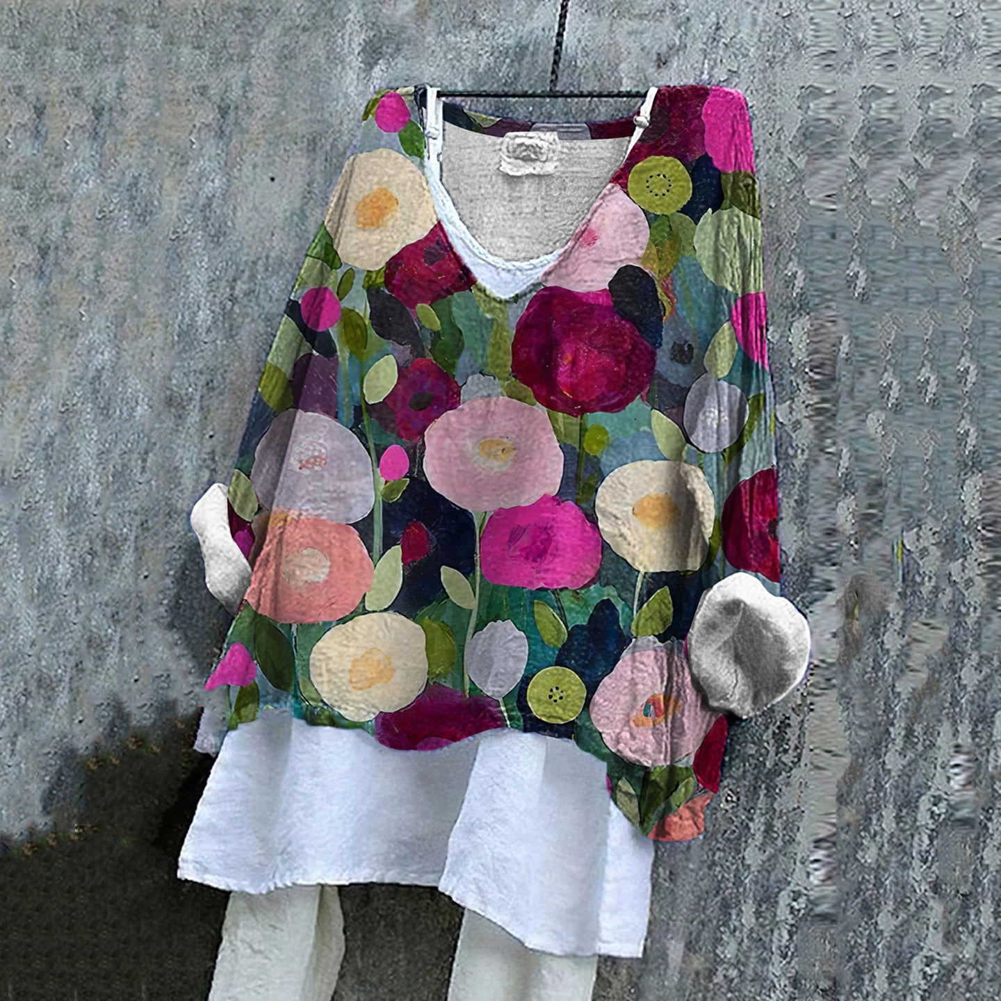 Comstylish Vintage Floral Art Painting Linen Blend Blouse