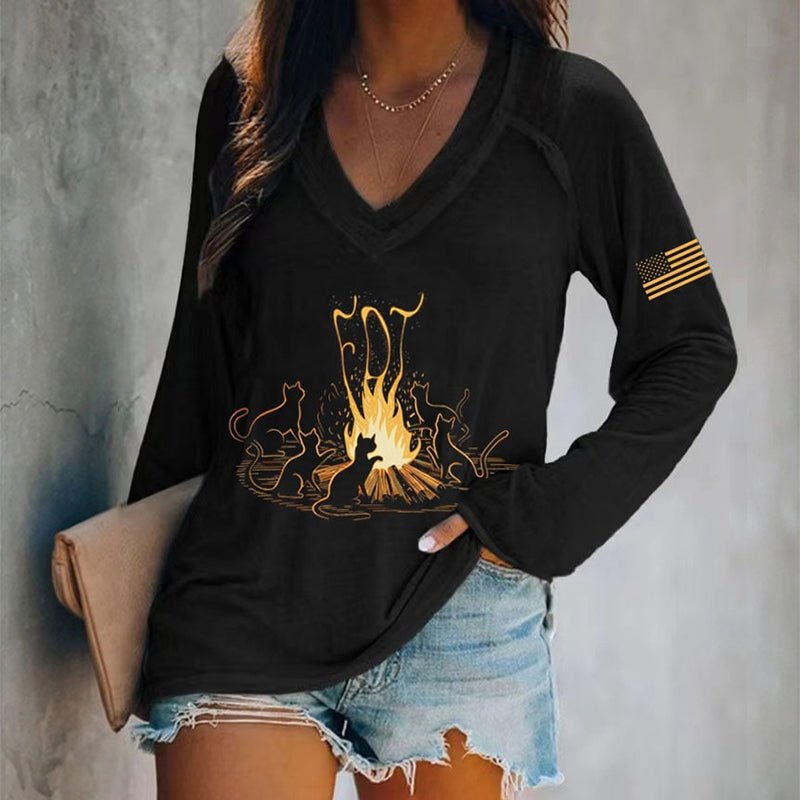 Comstylish Women's Cat Fdt Print Long Sleeve T-shirt