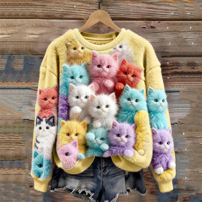 Comstylish Lovely Colorful Fuzzy Cats Cozy Plush Sweatshirt