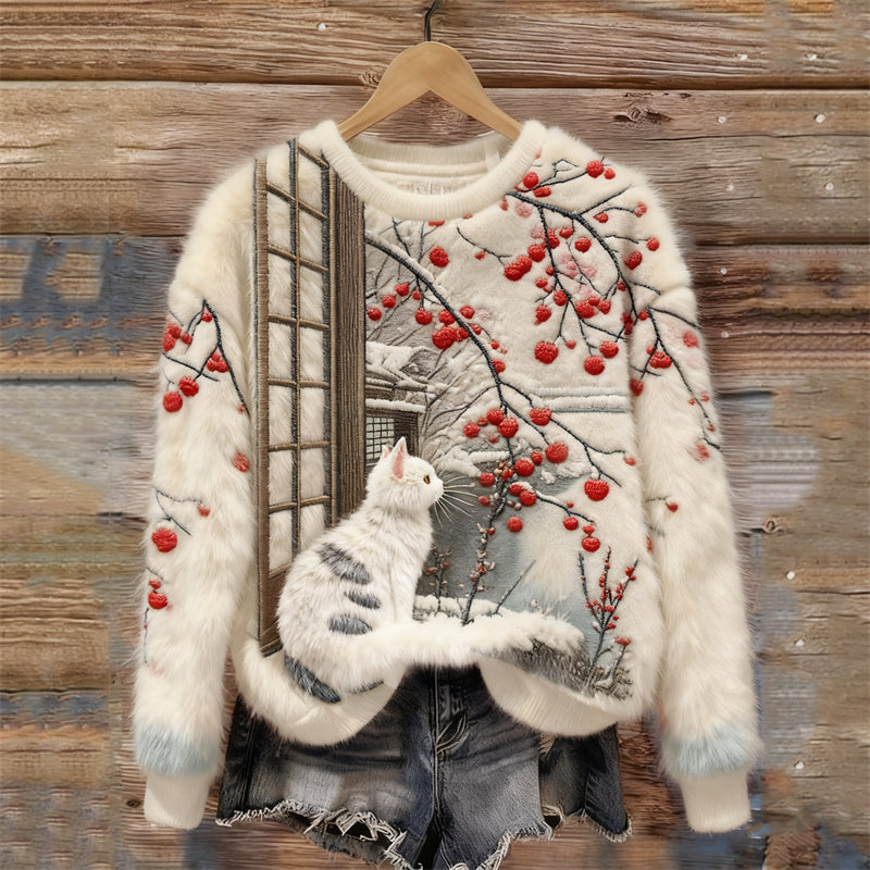 Comstylish Japanese Art Cat & Winter Scenery Embroidered Cozy Plush Sweatshirt