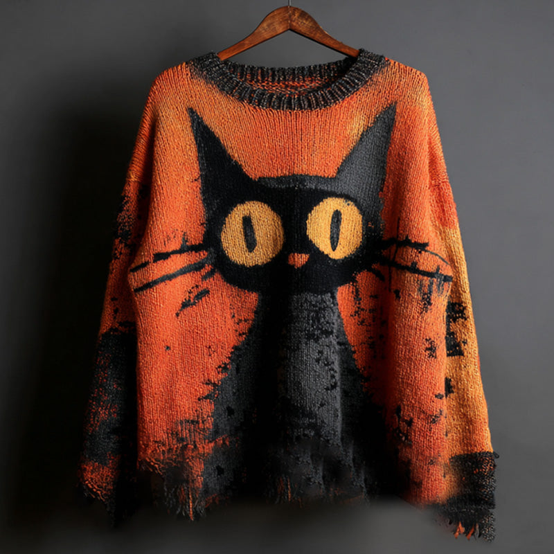 Comstylish Halloween Black Cat Knit Sweatshirt