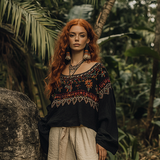 Comstylish Retro Bohemian Embroidery Art Print Cotton And Linen Blend Loose Blouse