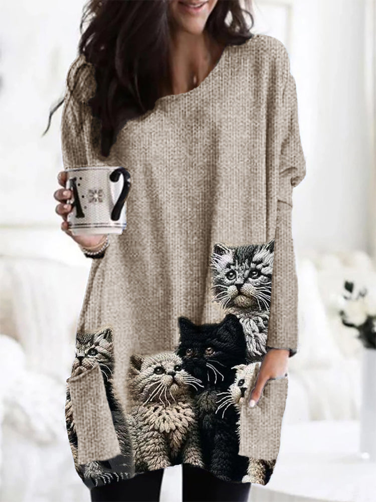 Comstylish Fuzzy Cats Crochet Art Patch Pocket Cozy Knit Cardigan