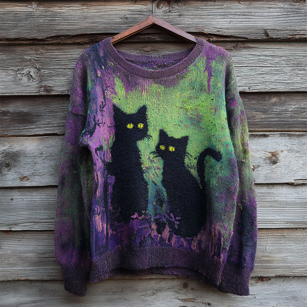Comstylish Halloween Black Cat Color Clash Women's Knitted Sweater