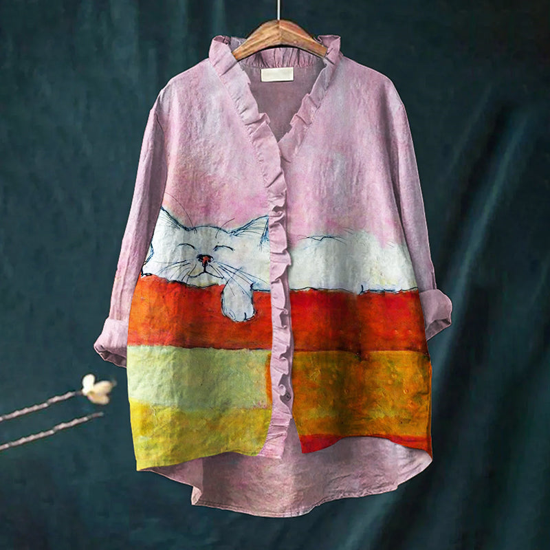 Sleeping Cat Colorblock Painting Ruffle Trim Linen Blouse elevenforest